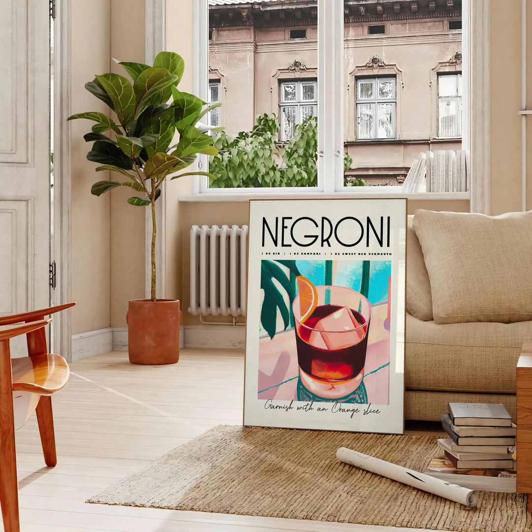 Illustration of a Negroni cocktail with orange and blue accents - in a Parisian living room with a sofa and a fig plant