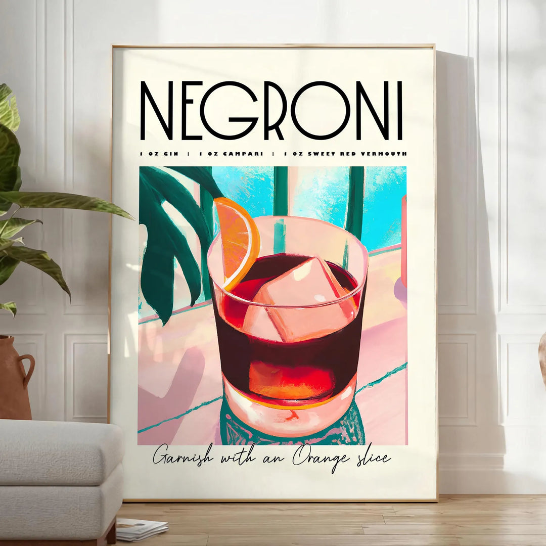 Illustration of a Negroni cocktail with orange and blue accents - in a bright minimalist room with a plant and an armchair