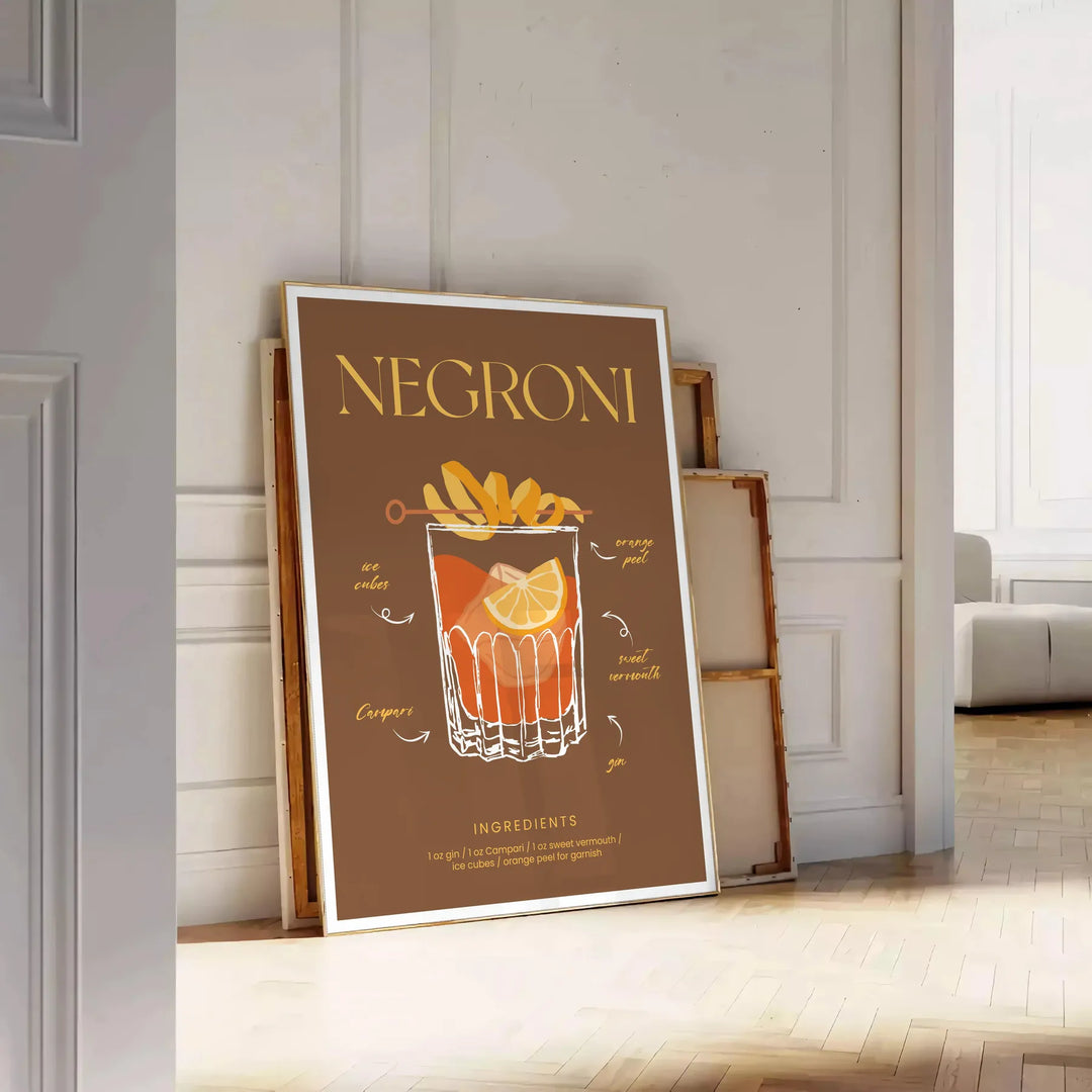 Illustration of a Negroni cocktail with orange and green hues - leaning on a herringbone floor against a white panelled wall