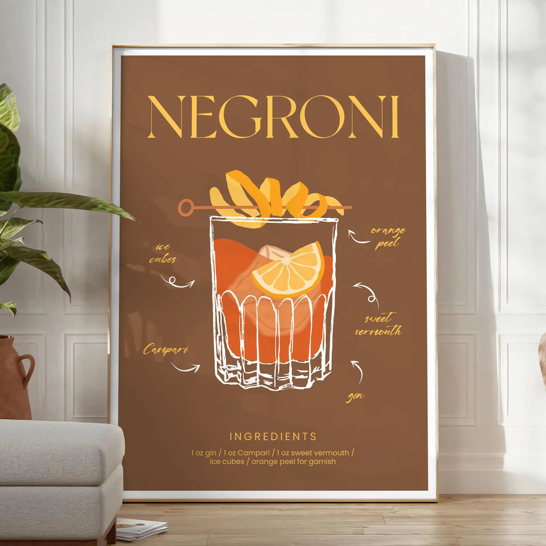 Illustration of a Negroni cocktail with orange and green hues - in a bright minimalist room with a plant and an armchair