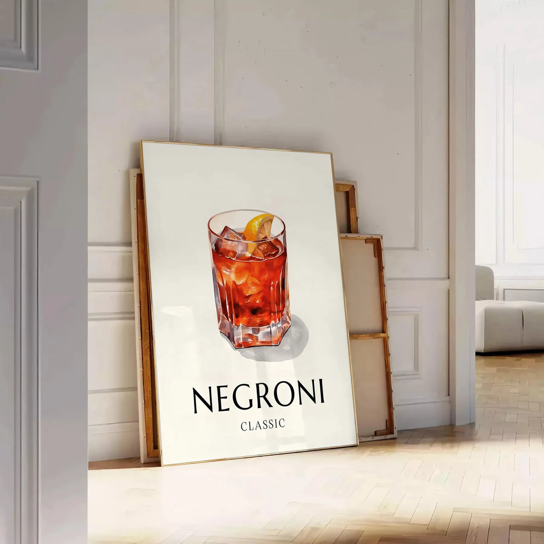 Illustration of a Negroni cocktail in a sleek glass, with orange and black colors - leaning on a herringbone floor against a white panelled wall