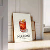 Illustration of a Negroni cocktail in a sleek glass, with orange and black colors - leaning on a herringbone floor against a white panelled wall