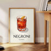 Illustration of a Negroni cocktail in a sleek glass, with orange and black colors - beside a round wooden side table with books