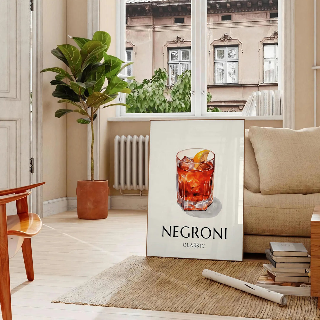 Illustration of a Negroni cocktail in a sleek glass, with orange and black colors - in a Parisian living room with a sofa and a fig plant