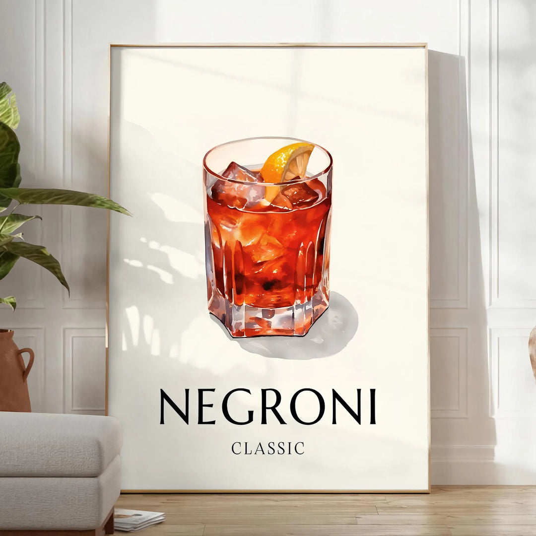 Illustration of a Negroni cocktail in a sleek glass, with orange and black colors - in a bright minimalist room with a plant and an armchair