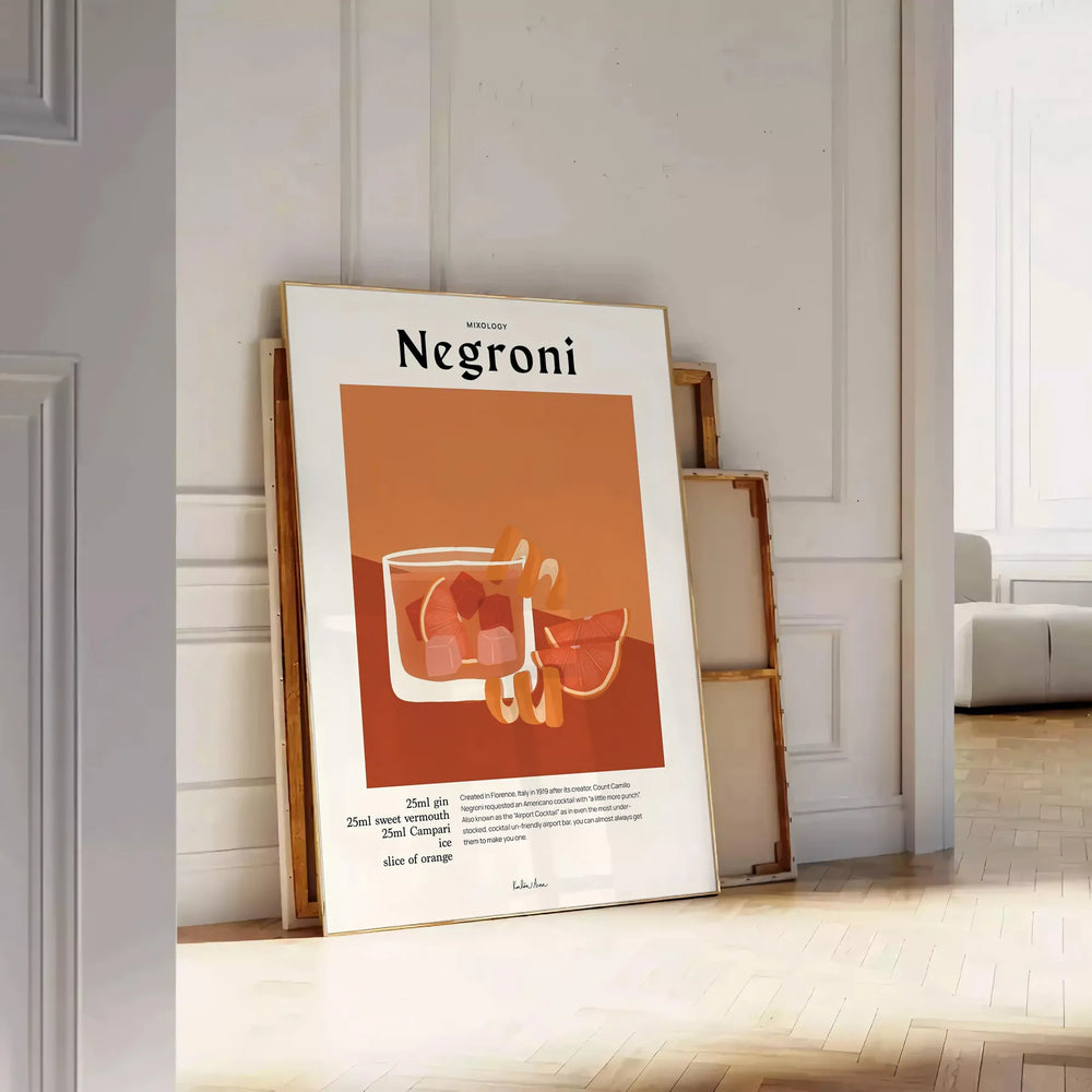 Illustration of a Negroni cocktail in orange and black tones