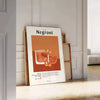 Illustration of a Negroni cocktail in orange and black tones - leaning on a herringbone floor against a white panelled wall