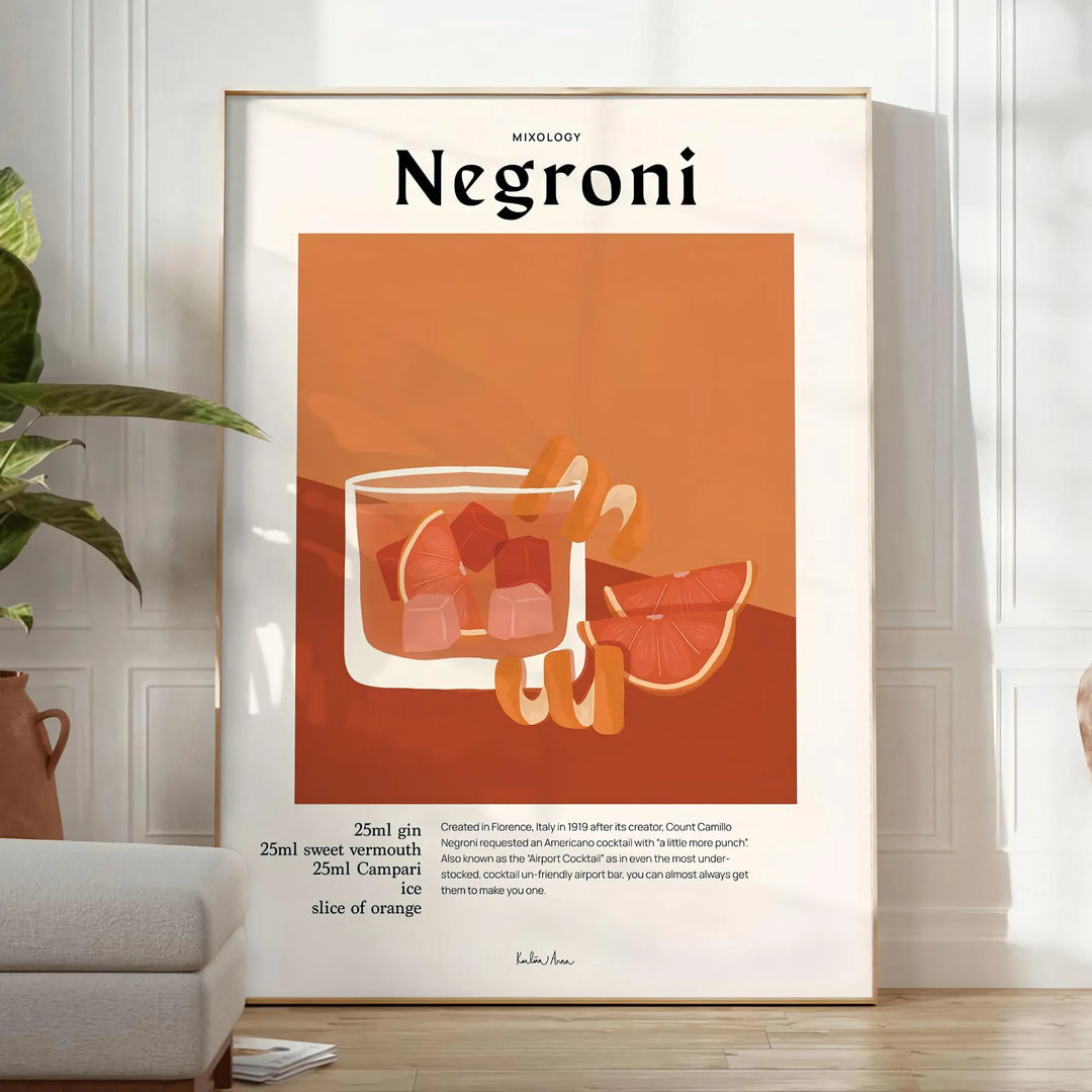 Illustration of a Negroni cocktail in orange and black tones - in a bright minimalist room with a plant and an armchair