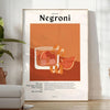 Illustration of a Negroni cocktail in orange and black tones - in a bright minimalist room with a plant and an armchair