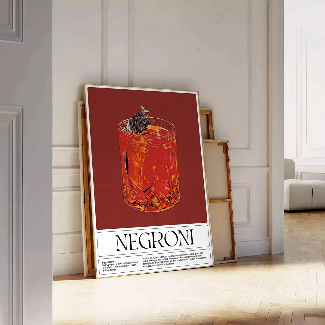 A colorful illustration of a Negroni cocktail in a glass with orange garnish - leaning on a herringbone floor against a white panelled wall
