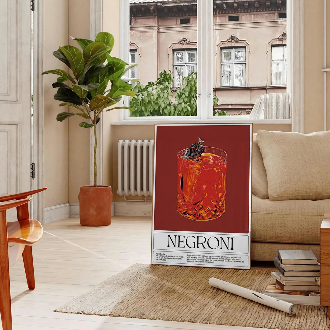 A colorful illustration of a Negroni cocktail in a glass with orange garnish - in a Parisian living room with a sofa and a fig plant
