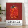 A colorful illustration of a Negroni cocktail in a glass with orange garnish - in a bright minimalist room with a plant and an armchair
