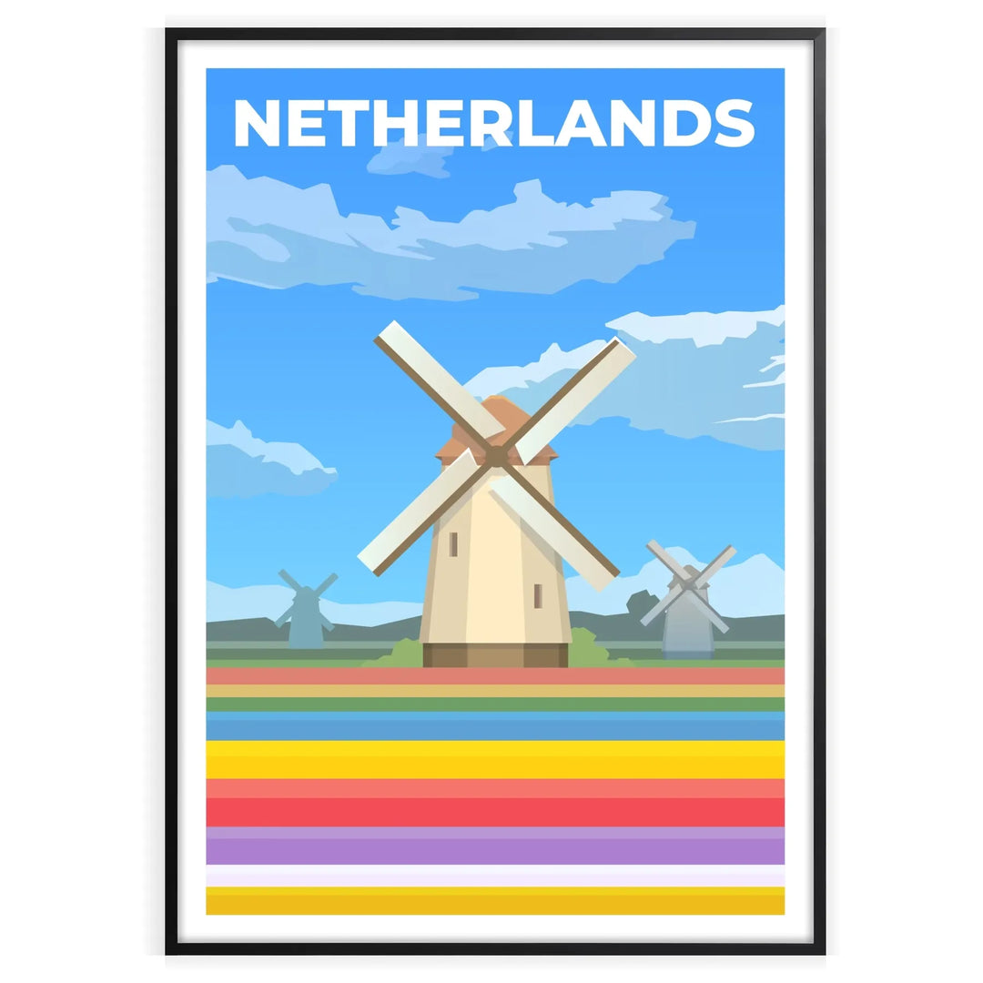 Stylized illustration of Dutch landscapes in gray and blue tones
