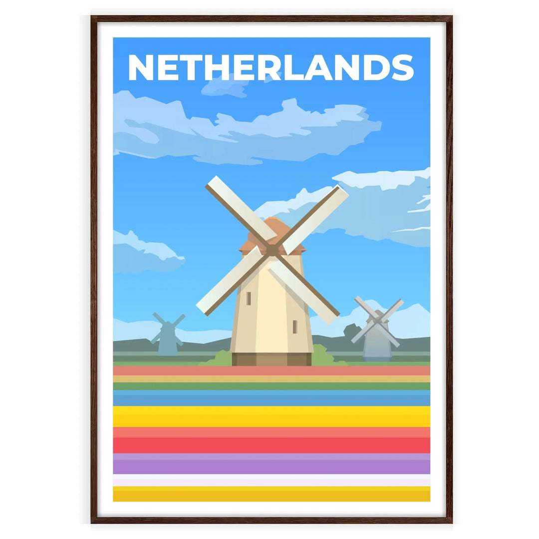 灰色と青色のトーンで描かれたオランダの風景のスタイライズされたイラスト - ウォルナットフレーム入り