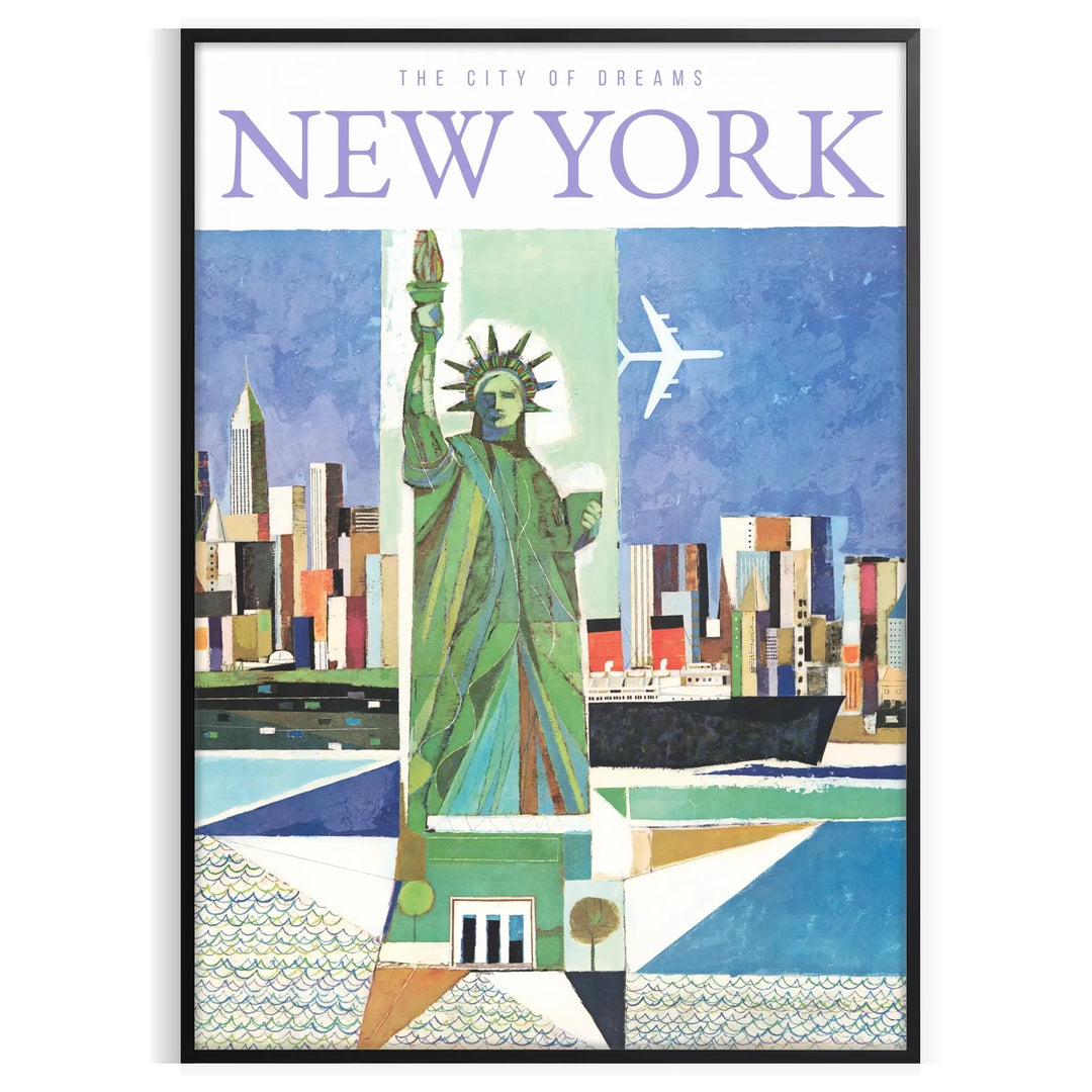 A travel poster featuring New York City in blue and gray tones