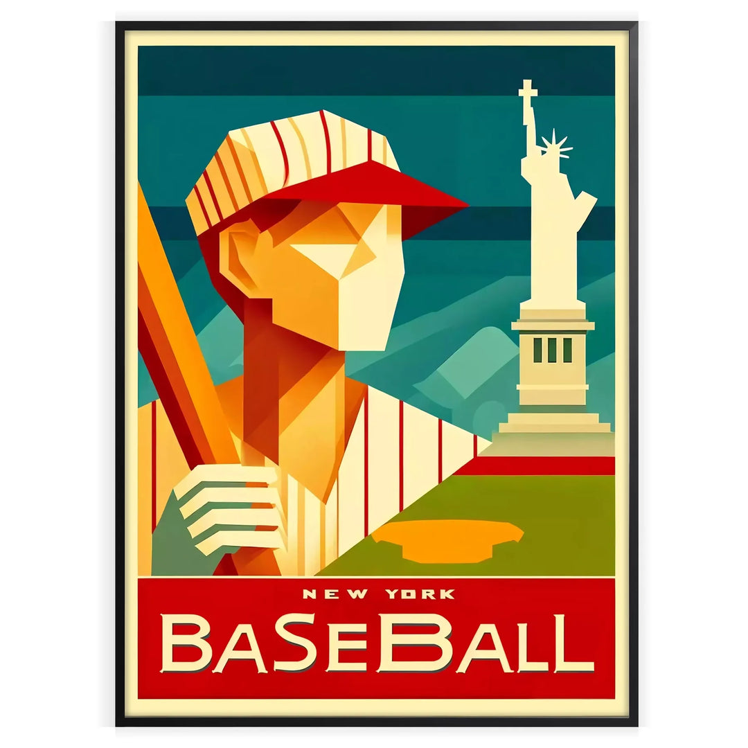 Vintage art deco poster featuring a baseball player in New York