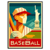 Vintage art deco poster featuring a baseball player in New York - in a black frame