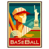 Vintage art deco poster featuring a baseball player in New York - in a walnut frame