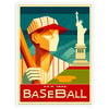 Vintage art deco poster featuring a baseball player in New York - in a white frame