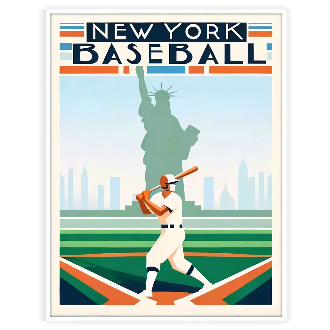 Vintage baseball scene featuring New York players in classic uniforms - in a white frame