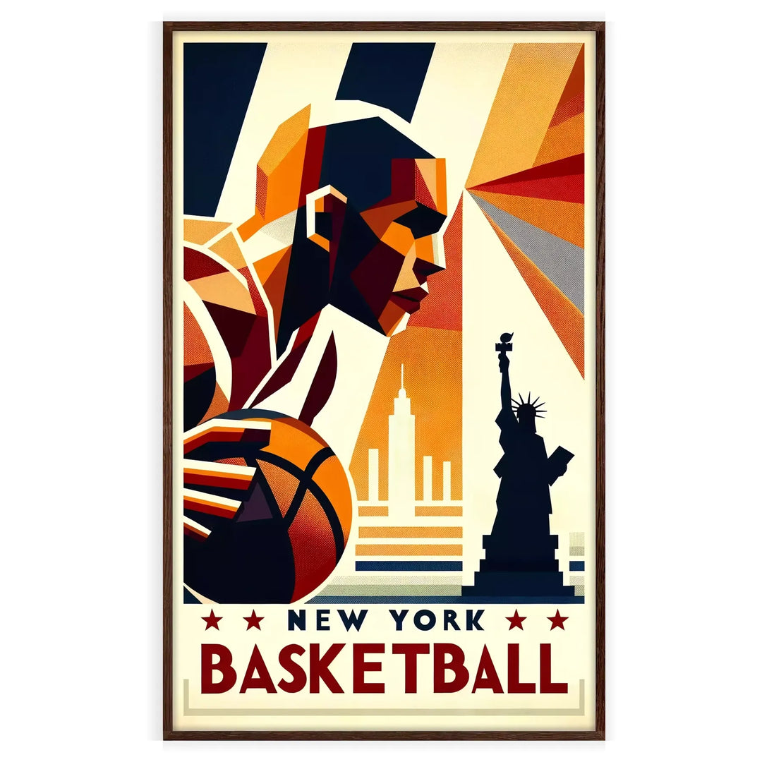 Dynamic basketball scene in New York, featuring players in action and city skyline. - in a walnut frame
