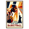 Dynamic basketball scene in New York, featuring players in action and city skyline. - in a walnut frame