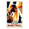 Dynamic basketball scene in New York, featuring players in action and city skyline. - in a white frame