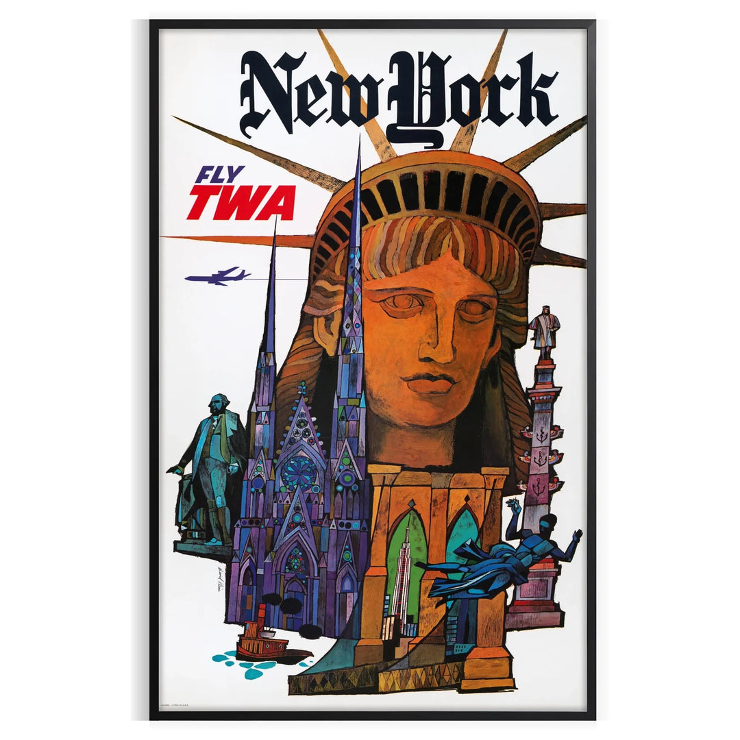 Vintage TWA travel poster featuring New York skyline in gray and black tones