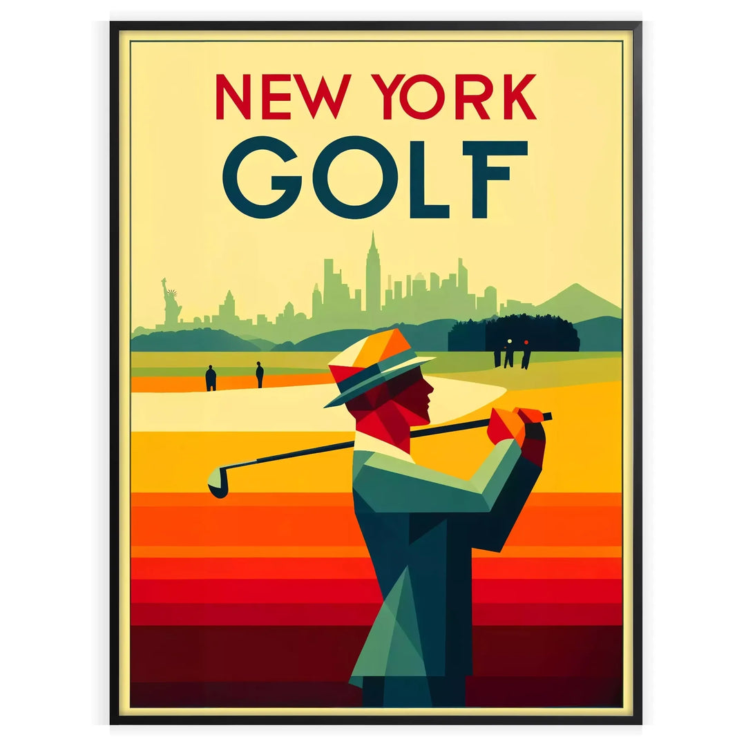 A golf scene featuring iconic New York courses with green fairways and blue skies