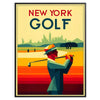 A golf scene featuring iconic New York courses with green fairways and blue skies - in a black frame