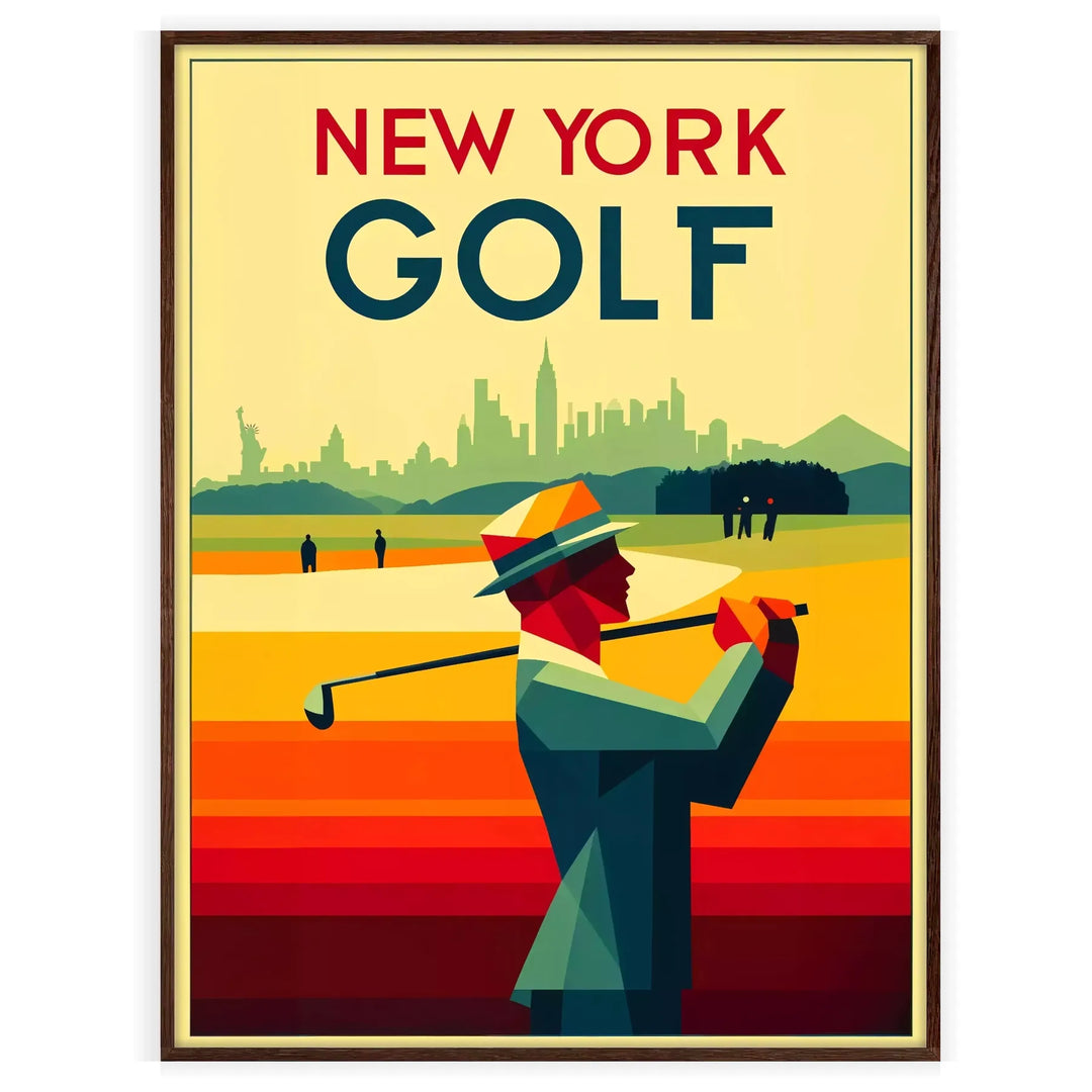 A golf scene featuring iconic New York courses with green fairways and blue skies - in a walnut frame