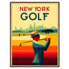 A golf scene featuring iconic New York courses with green fairways and blue skies - in a walnut frame