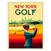 A golf scene featuring iconic New York courses with green fairways and blue skies - in a white frame