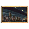 A vintage-style travel poster featuring New York City skyline in black and green hues - in a black frame