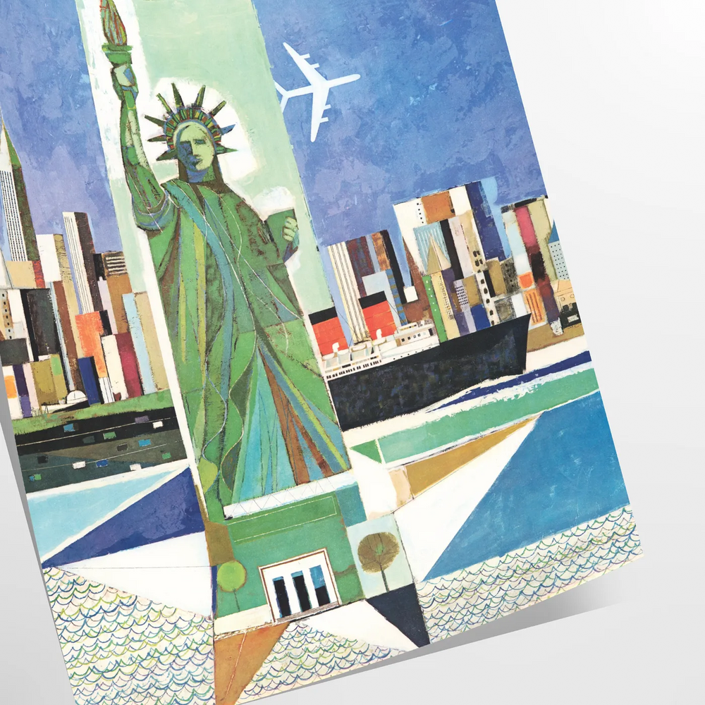 A travel poster featuring New York City in blue and gray tones