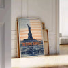 Illustration of New York City skyline in green and blue tones - leaning on a herringbone floor against a white panelled wall