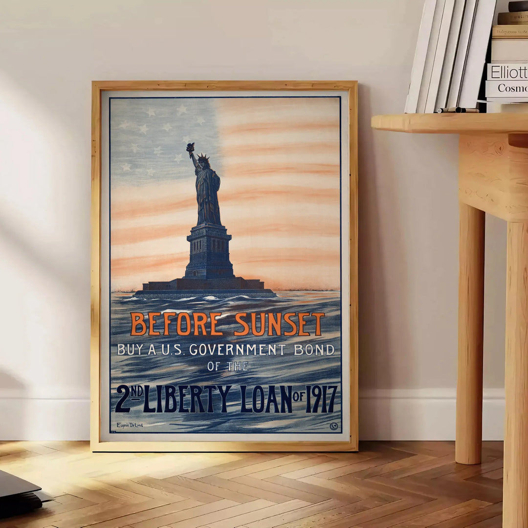 Illustration of New York City skyline in green and blue tones - beside a round wooden side table with books