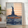 Illustration of New York City skyline in green and blue tones - in a bright minimalist room with a plant and an armchair