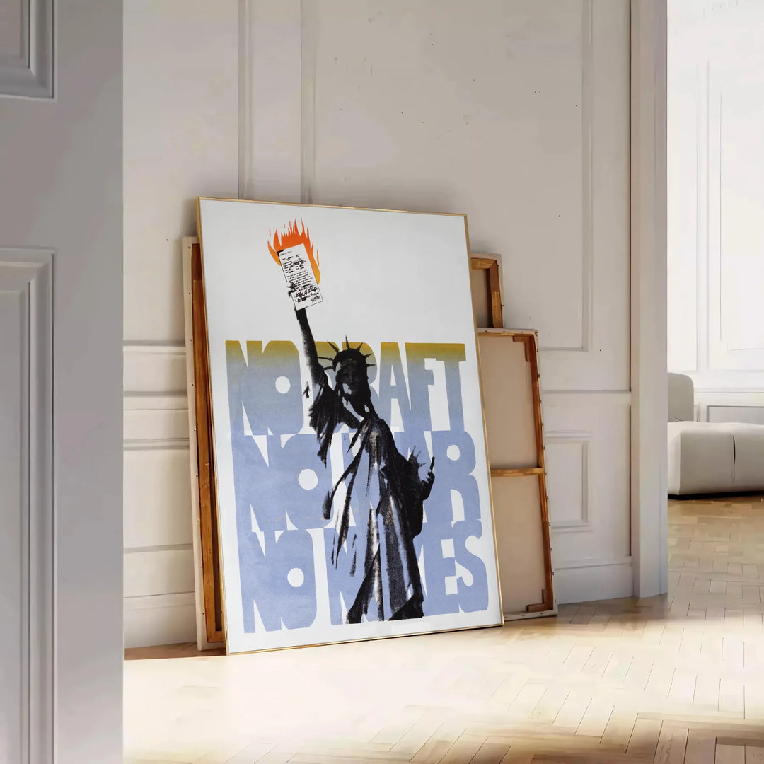 A travel poster featuring New York's skyline in black and orange hues - leaning on a herringbone floor against a white panelled wall