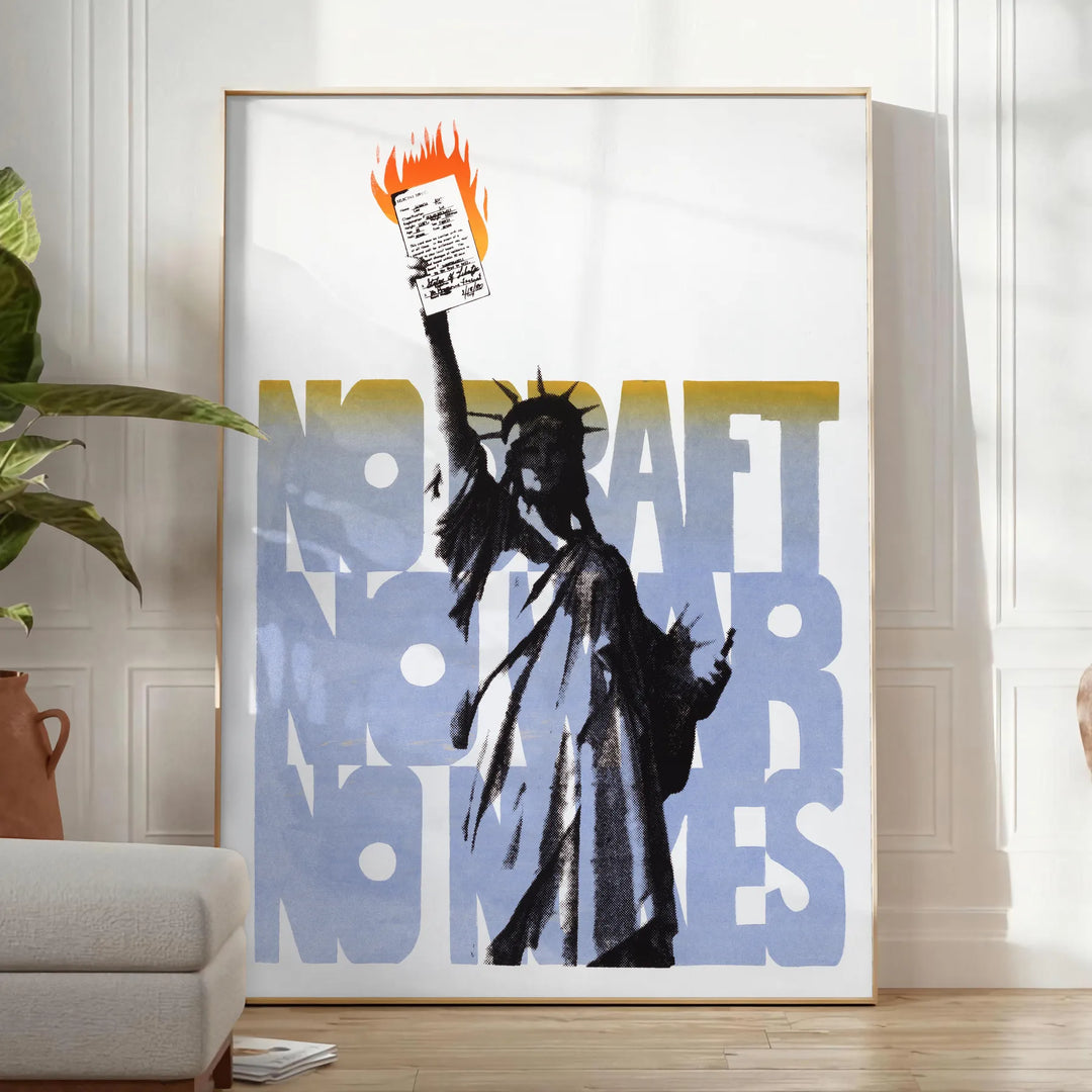 A travel poster featuring New York's skyline in black and orange hues - in a bright minimalist room with a plant and an armchair