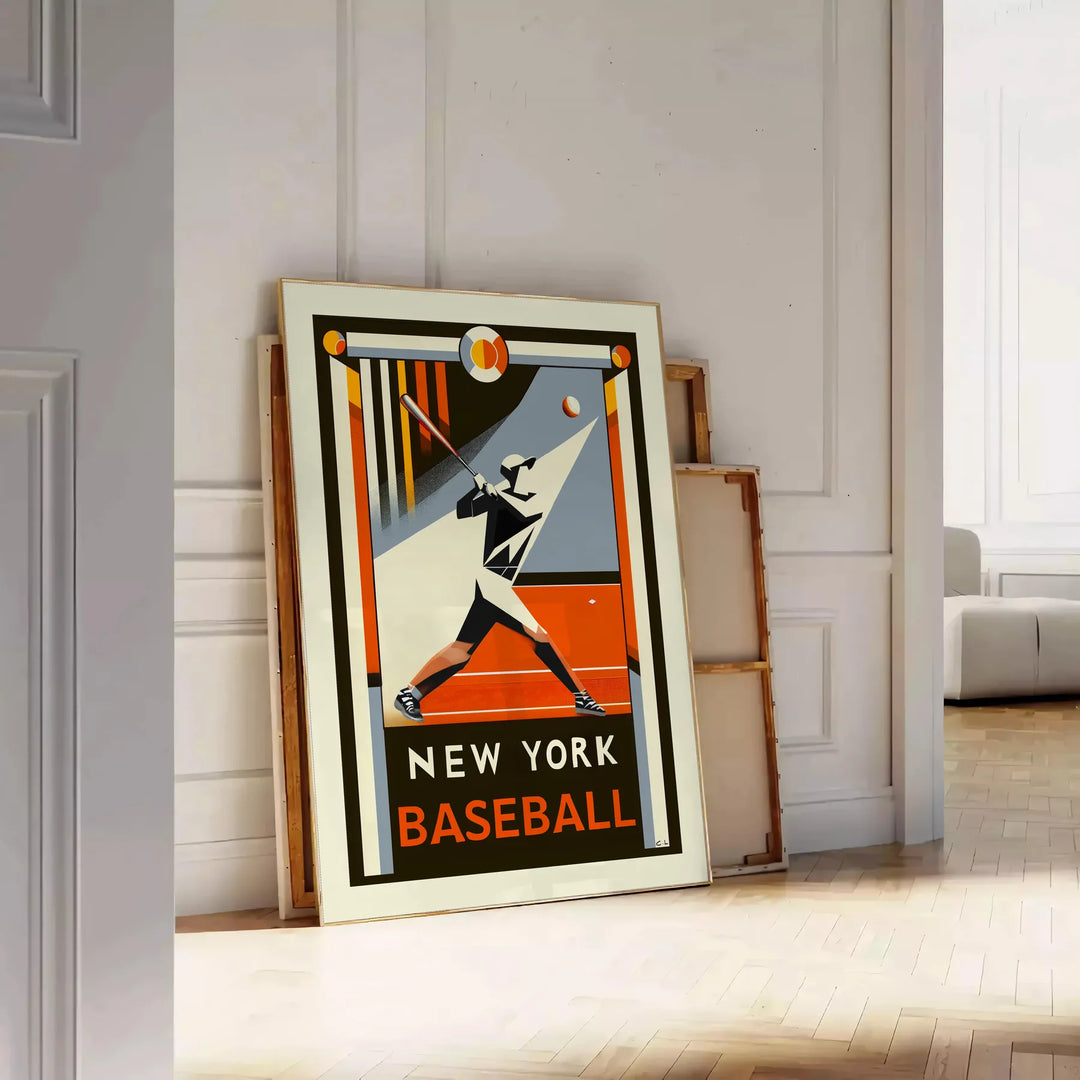 Retro graphic poster featuring New York baseball players in action - leaning on a herringbone floor against a white panelled wall