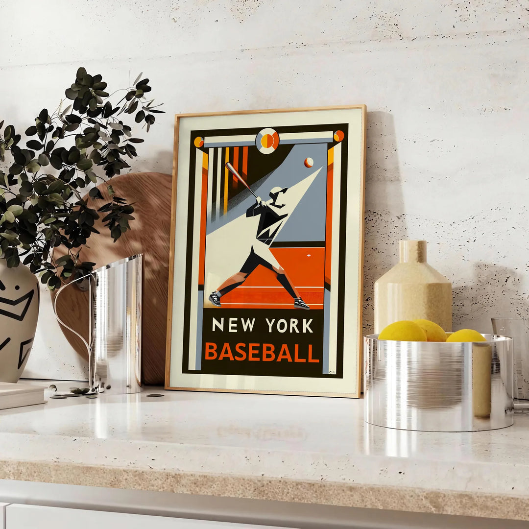 Retro graphic poster featuring New York baseball players in action - styled on a counter with eucalyptus and a bowl of lemons