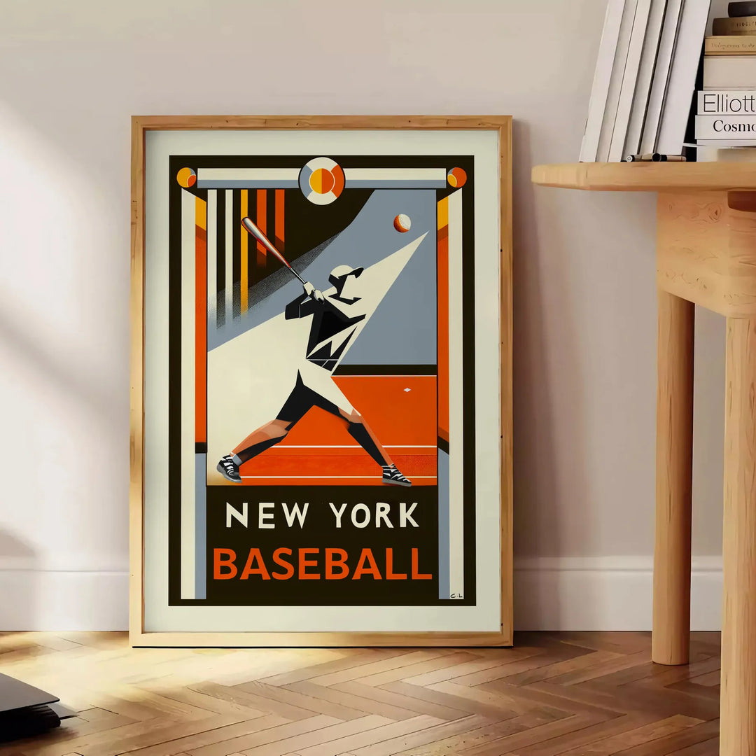 Retro graphic poster featuring New York baseball players in action - beside a round wooden side table with books