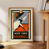 Retro graphic poster featuring New York baseball players in action - beside a round wooden side table with books