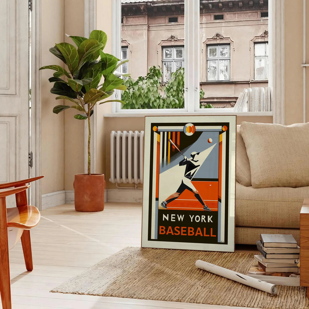 Retro graphic poster featuring New York baseball players in action - in a Parisian living room with a sofa and a fig plant