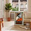 Retro graphic poster featuring New York baseball players in action - in a Parisian living room with a sofa and a fig plant