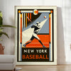 Retro graphic poster featuring New York baseball players in action - in a bright minimalist room with a plant and an armchair