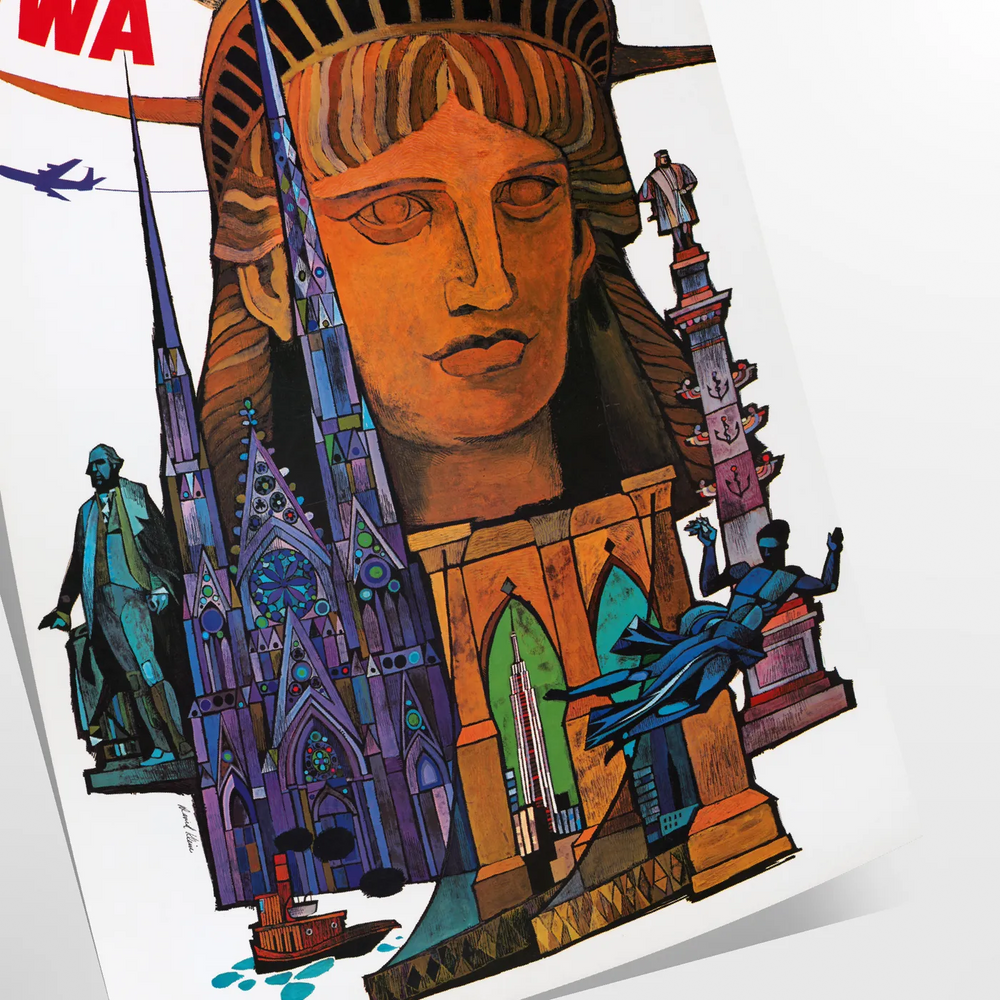 Vintage TWA travel poster featuring New York skyline in gray and black tones