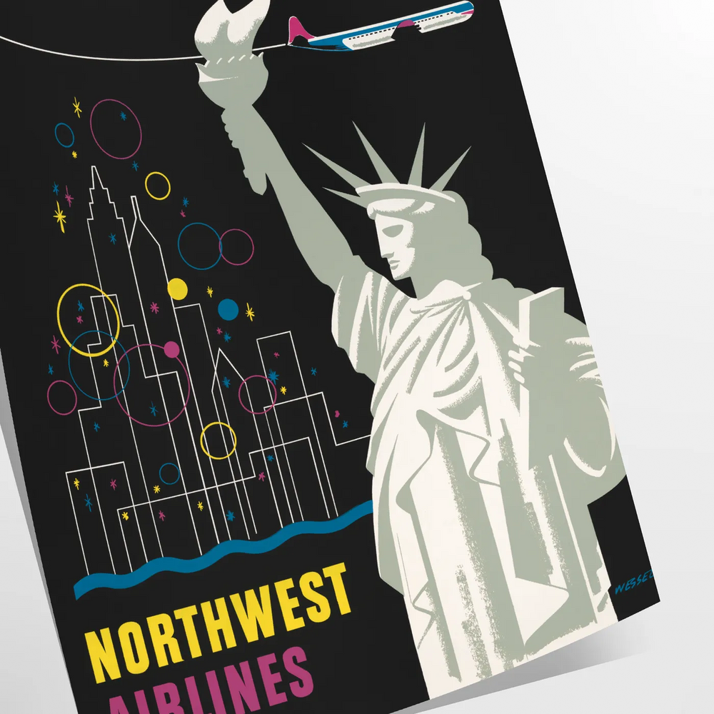Art deco style travel poster featuring New York with black and green tones