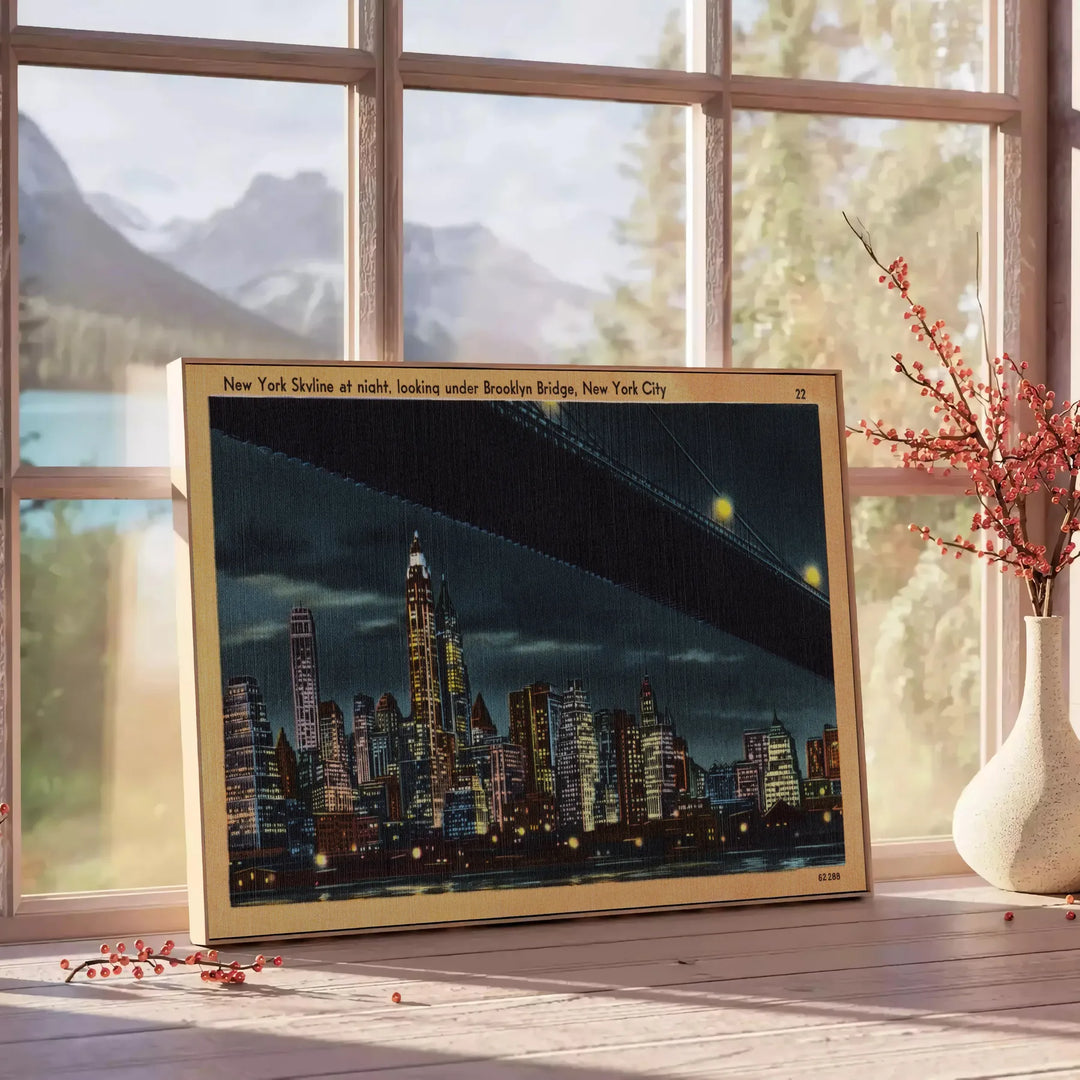 A vintage-style travel poster featuring New York City skyline in black and green hues - beside a round wooden side table with books